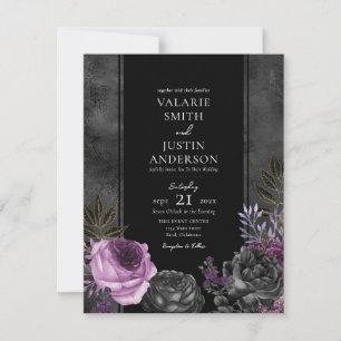 Gothic Bruiloft Bloemen Paarse en Zwarte Uitnodigi Kaart