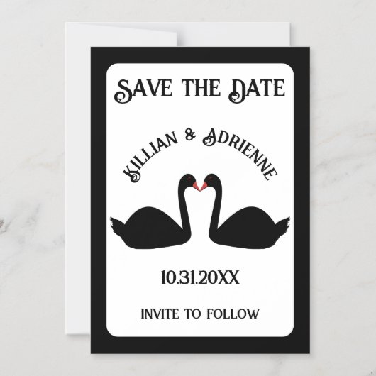 Gothic Bruiloft Kissing Black Swans Save the Date Magnetische Uitnodiging (Voorkant)