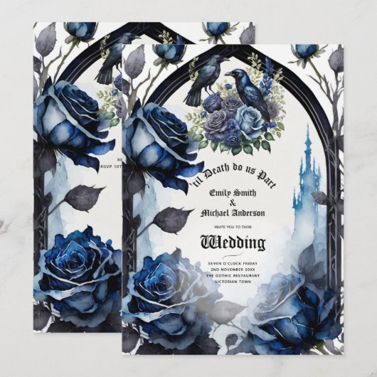 Gothic Bruiloft Zwart Blauw Rozen Ravens Kaart (Voorkant / Achterkant)