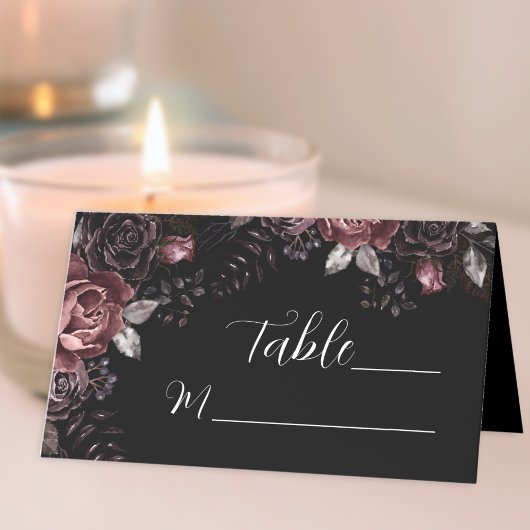 Gothic Bruiloft Zwart Donker Bloemen Tafel Plaatskaartje