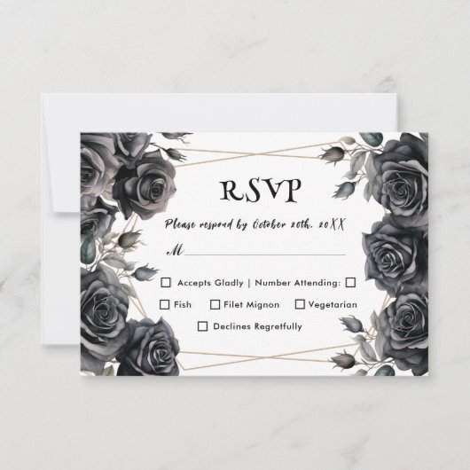 Gothic Bruiloft Zwart Rozen Bloemen RSVP Kaarten (Voorkant)