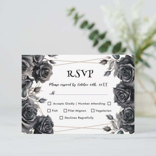 Gothic Bruiloft Zwart Rozen Bloemen RSVP Kaarten (Staand voorkant)