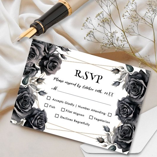 Gothic Bruiloft Zwart Rozen Bloemen RSVP Kaarten