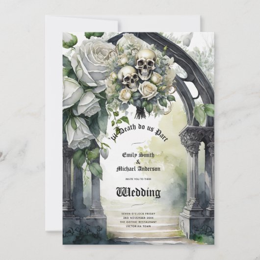 Gothic Bruiloft Zwart-wit Rozen Schedels Bloemen Kaart (Voorkant)