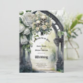 Gothic Bruiloft Zwart-wit Rozen Schedels Bloemen Kaart (Staand voorkant)