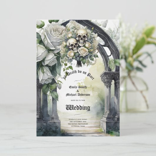 Gothic Bruiloft Zwart-wit Rozen Schedels Bloemen Kaart (Staand voorkant)