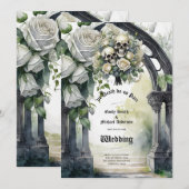 Gothic Bruiloft Zwart-wit Rozen Schedels Bloemen Kaart (Voorkant / Achterkant)