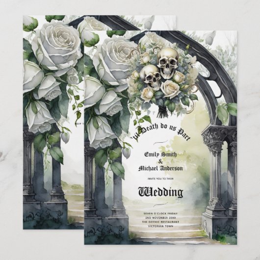 Gothic Bruiloft Zwart-wit Rozen Schedels Bloemen Kaart (Voorkant / Achterkant)