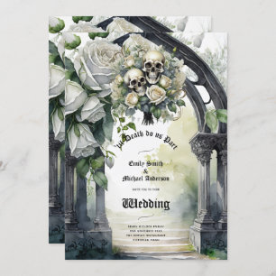 Gothic Bruiloft Zwart-wit Rozen Schedels Bloemen Kaart