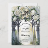 Gothic Bruiloft Zwart-wit Rozen Schedels Bloemen Kaart (Voorkant)