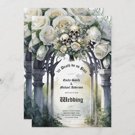 Gothic Bruiloft Zwart-wit Rozen Schedels Bloemen Kaart (Voorkant / Achterkant)
