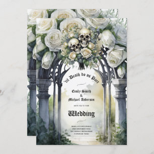 Gothic Bruiloft Zwart-wit Rozen Schedels Bloemen Kaart