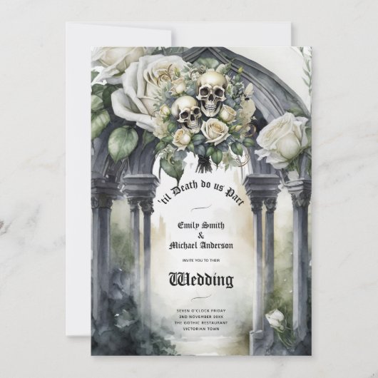 Gothic Bruiloft Zwart-wit Rozen Schedels Bloemen Kaart (Voorkant)