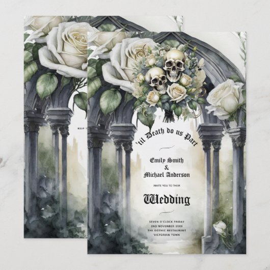 Gothic Bruiloft Zwart-wit Rozen Schedels Bloemen Kaart (Voorkant / Achterkant)