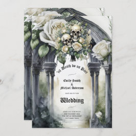 Gothic Bruiloft Zwart-wit Rozen Schedels Bloemen Kaart