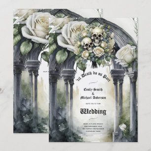 Gothic Bruiloft Zwart-wit Rozen Schedels Bloemen Kaart