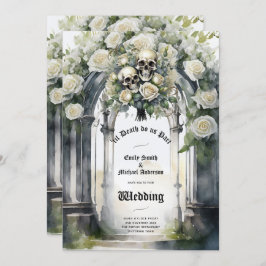 Gothic Bruiloft Zwart-wit Rozen Schedels Bloemen Kaart