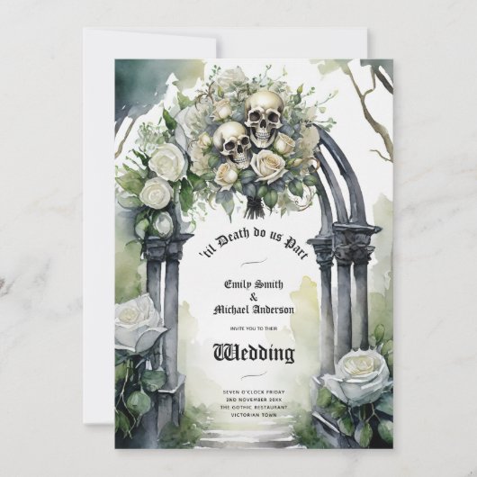 Gothic Bruiloft Zwart-wit Rozen Schedels Bloemen Kaart (Voorkant)
