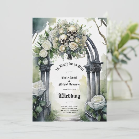 Gothic Bruiloft Zwart-wit Rozen Schedels Bloemen Kaart (Staand voorkant)
