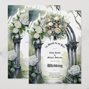 Gothic Bruiloft Zwart-wit Rozen Schedels Bloemen Kaart