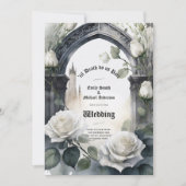 Gothic Bruiloft Zwart-wit Rozen Schedels Bloemen Kaart (Voorkant)