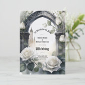 Gothic Bruiloft Zwart-wit Rozen Schedels Bloemen Kaart (Staand voorkant)