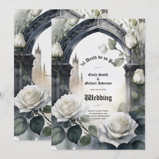 Gothic Bruiloft Zwart-wit Rozen Schedels Bloemen Kaart (Voorkant / Achterkant)
