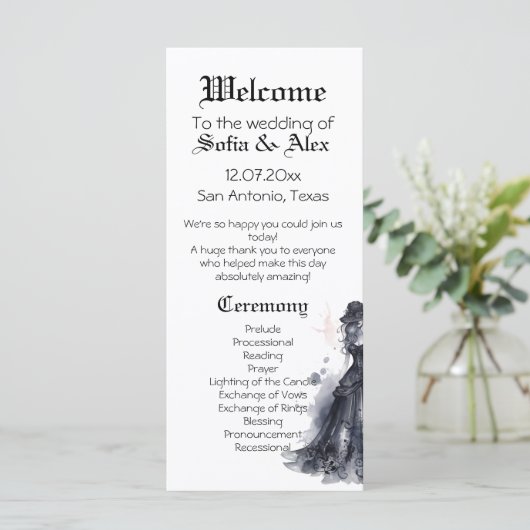 Gothic bruiloft zwarte jurk waterverf roos Program (Staand voorkant)