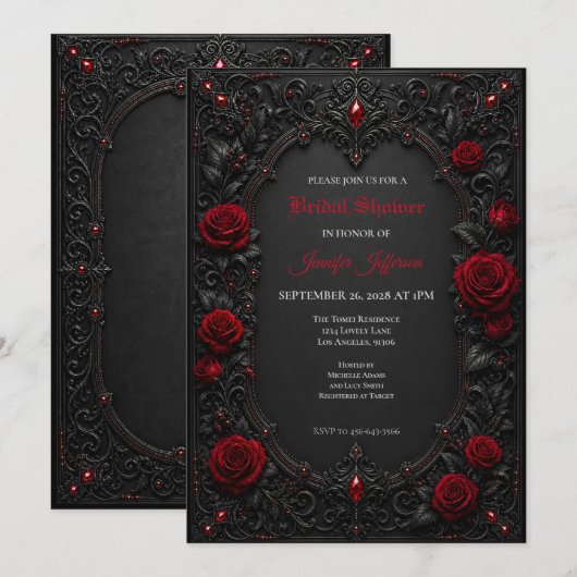 Gothic bruiloftsinvitaties met rode rozen kaart (Voorkant / Achterkant)