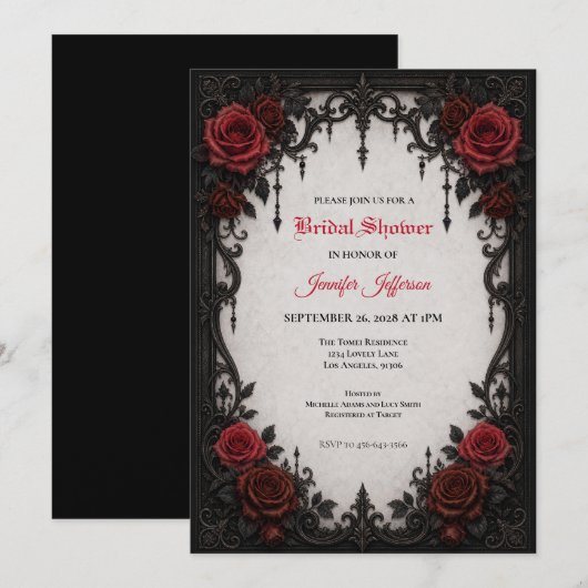 Gothic bruiloftsinvitation met rode rozen kaart (Voorkant / Achterkant)