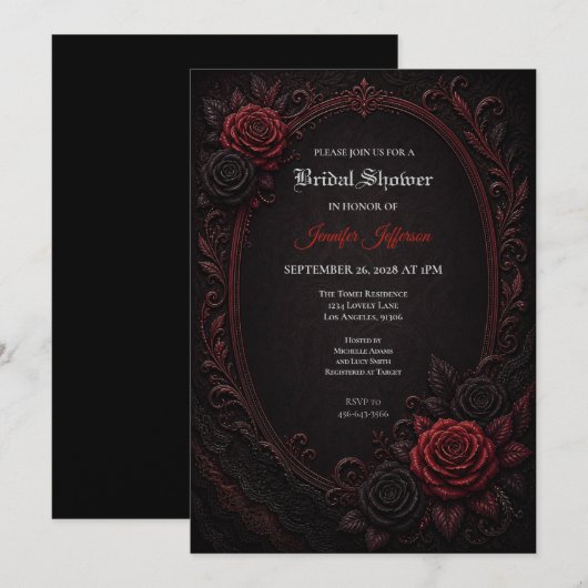 Gothic bruiloftsuitnodiging met rode rozen kaart (Voorkant / Achterkant)