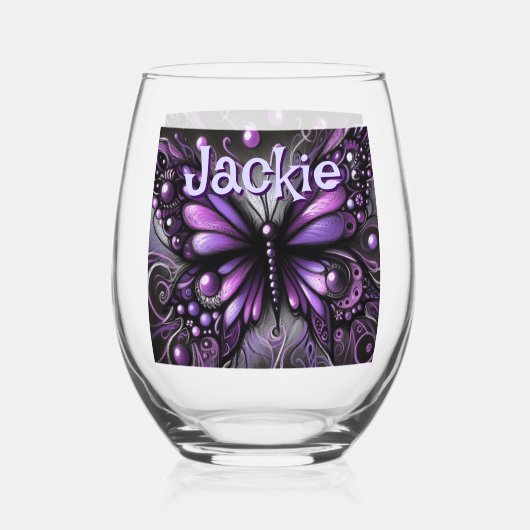 Gothic Butterfly Paarse Zwart Gepersonaliseerd Wijnglas Zonder Voet (Voorkant)