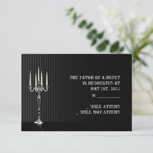 Gothic Candelabra op Black Silver Stripe Respons RSVP Kaartje (Staand voorkant)