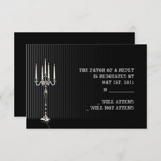 Gothic Candelabra op Black Silver Stripe Respons RSVP Kaartje (Voorkant / Achterkant)