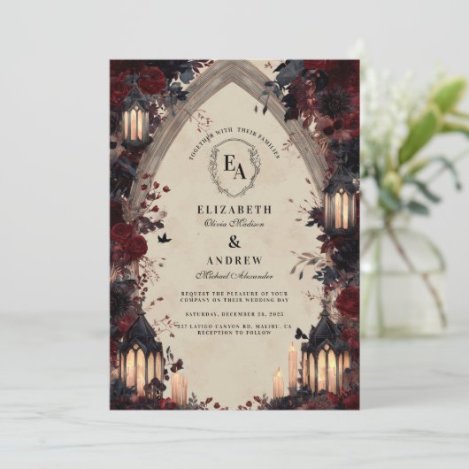 Gothic Candlelit Arch Roos Wedding Kaart (Staand voorkant)