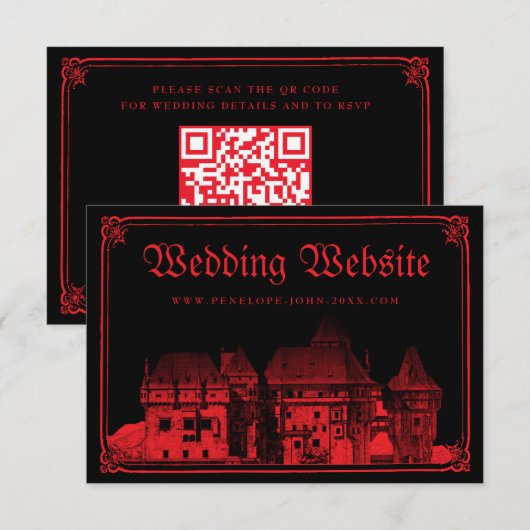 Gothic Castle Border Black Red Wedding Website Informatiekaartje (Voorkant / Achterkant)