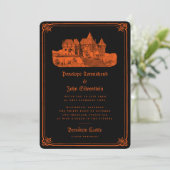 Gothic Castle Sinaasappel Black Halloween bruiloft Kaart (Staand voorkant)