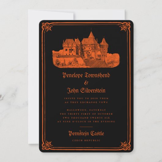 Gothic Castle Sinaasappel Black Halloween bruiloft Kaart (Voorkant)