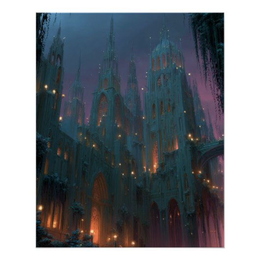 Gothic Castle Under Aurora Fantasy Night Art Perfect Poster (Voorkant)