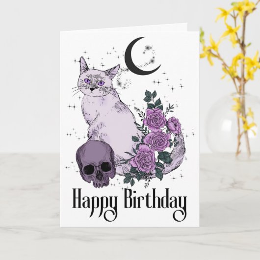 Gothic Cat Gothic Birthday Wish Kaart (Gele Bloem)