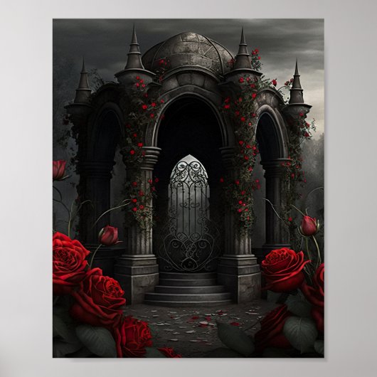 Gothic Cemetery Roos Garden met rode en zwarte Po' Poster (Voorkant)