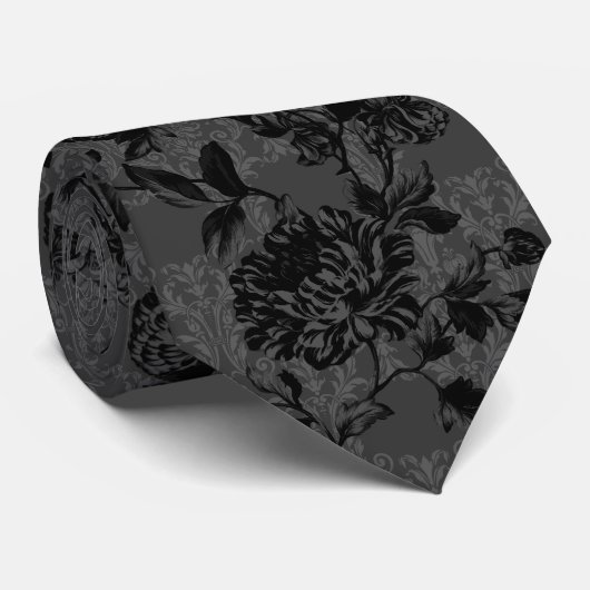 Gothic Charcoal Damask Black Floral Wedding Stropdas (Opgerold)