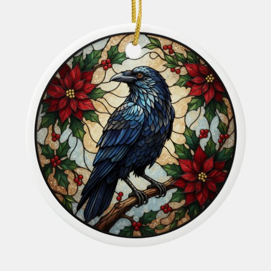 Gothic Christmas Raven Poinsettia Ceramic Ornament (Voorkant)