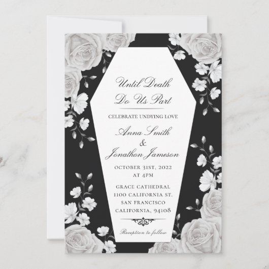 Gothic Coffin Invitation with Elegant White Roses Kaart (Voorkant)