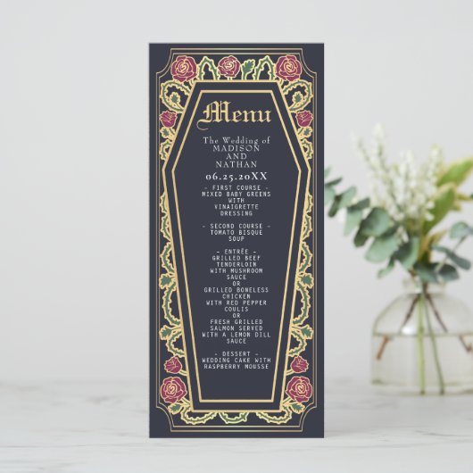 Gothic Coffin Roos Blue Wedding Menu (Staand voorkant)