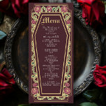 Gothic Coffin Roos Red Wedding Menu<br><div class="desc">Voeg een vleugje gotische elegantie toe aan uw feest met deze huwelijksmenu's met een kistvormig lijst, versierd met doornen, rozen en gouden accenten tegen een rijke rode achtergrond. Perfect voor een spookachtig romantische eetervaring! Pas de tekst, het lettertype en de achtergrondkleur aan uw ontwerpvoorkeuren aan. Overeenkomende items in onze winkel...</div>