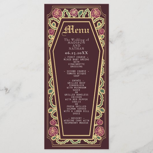 Gothic Coffin Roos Red Wedding Menu (Voorkant)