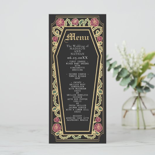 Gothic Coffin Roos Zwart Trouwmenu Menu (Staand voorkant)