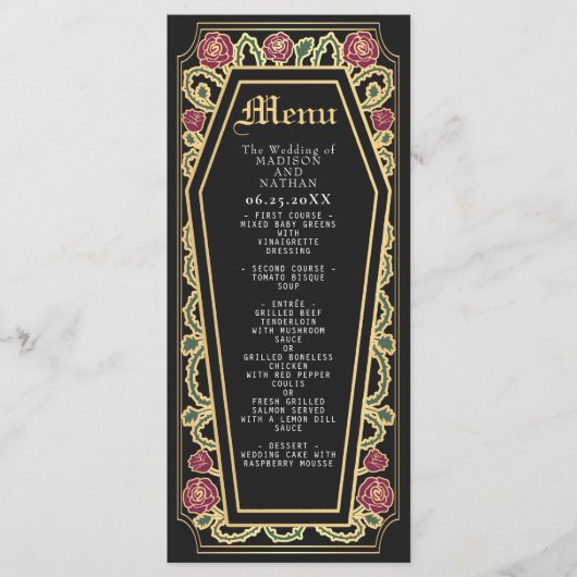 Gothic Coffin Roos Zwart Trouwmenu Menu (Voorkant)