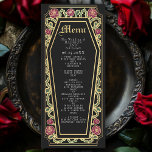 Gothic Coffin Roos Zwart Trouwmenu Menu<br><div class="desc">Voeg een vleugje gotische elegantie toe aan uw feest met deze huwelijksmenu's met een kistvormig lijst, versierd met doornen, rozen en gouden accenten tegen een zwarte achtergrond. Perfect voor een spookachtig romantische eetervaring! Pas de tekst, het lettertype en de achtergrondkleur aan uw ontwerpvoorkeuren aan. Overeenkomende items in onze winkel voor...</div>